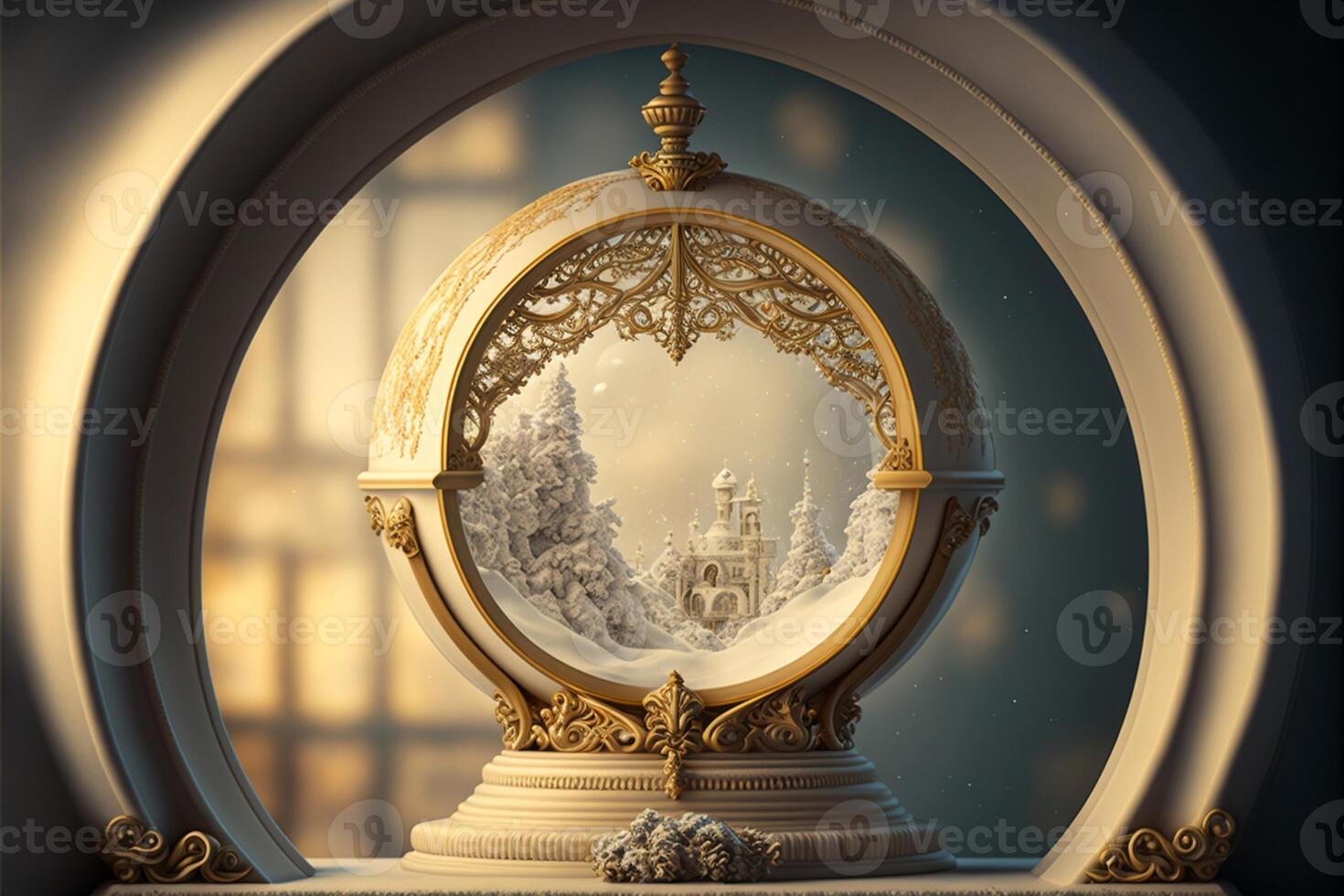 arco janela quadro, Armação com esvaziar neve globo dentro meio ouro. generativo ai foto