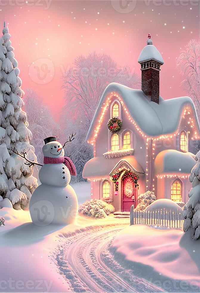 Natal cena com uma boneco de neve dentro frente do uma casa. generativo ai. foto
