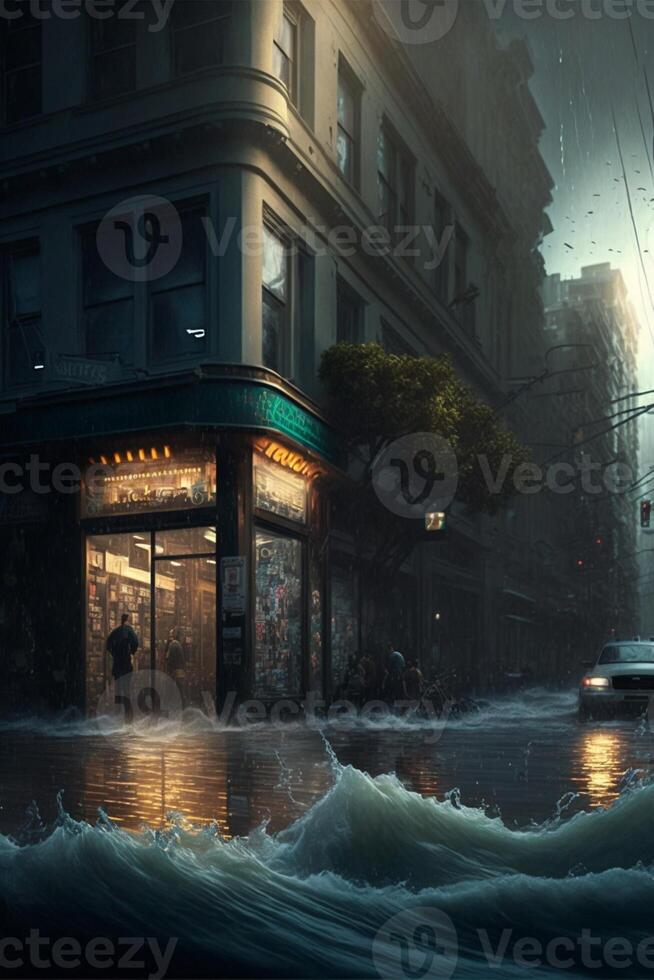 carro é dirigindo através uma inundado rua. generativo ai. foto