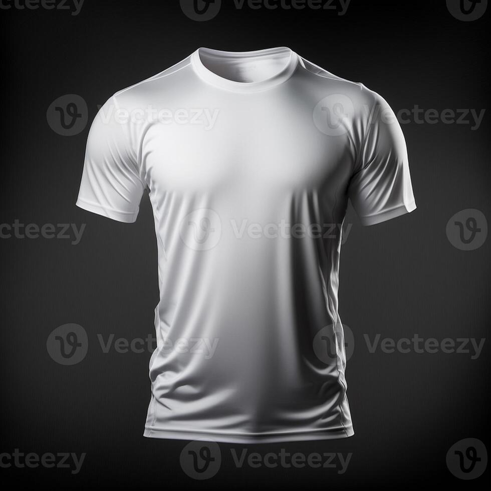 em branco branco camiseta maquete, fechar acima branco esporte camiseta em Sombrio fundo , generativo ai foto