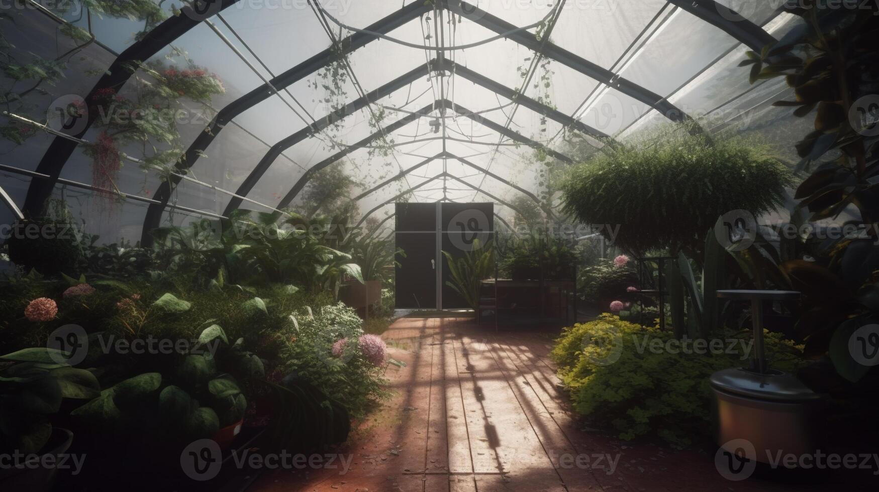 generativo ai, verde casa a partir de a vidro, tenda de vidro jardim com uma muitos do plantas. fotorrealista efeito. foto