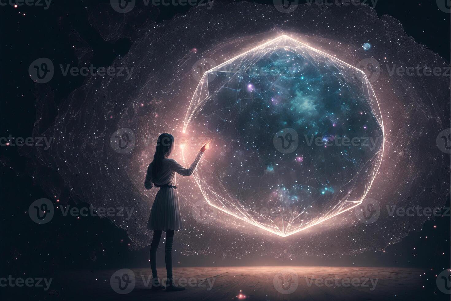 fêmea tocante terra holograma dentro virtual mundo. generativo ai foto