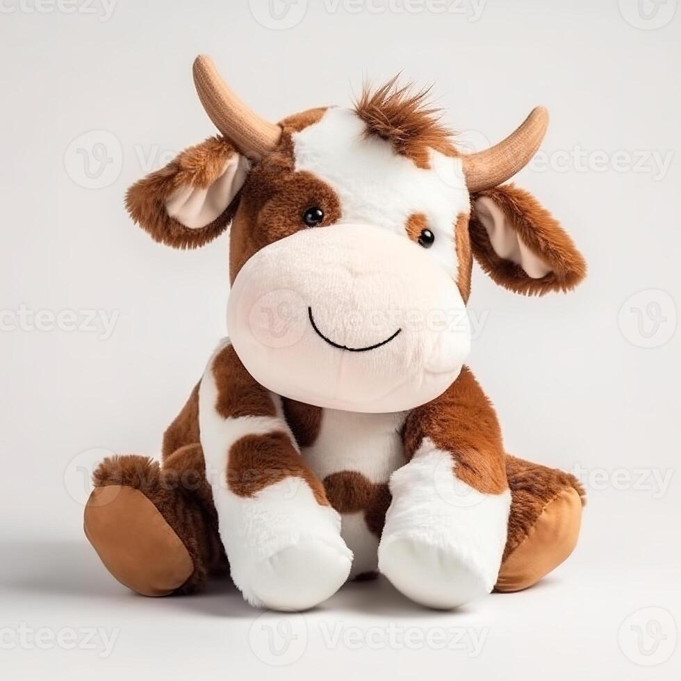 fofa vaca animal pelúcia brinquedo branco fundo animal boneca com generativo ai foto