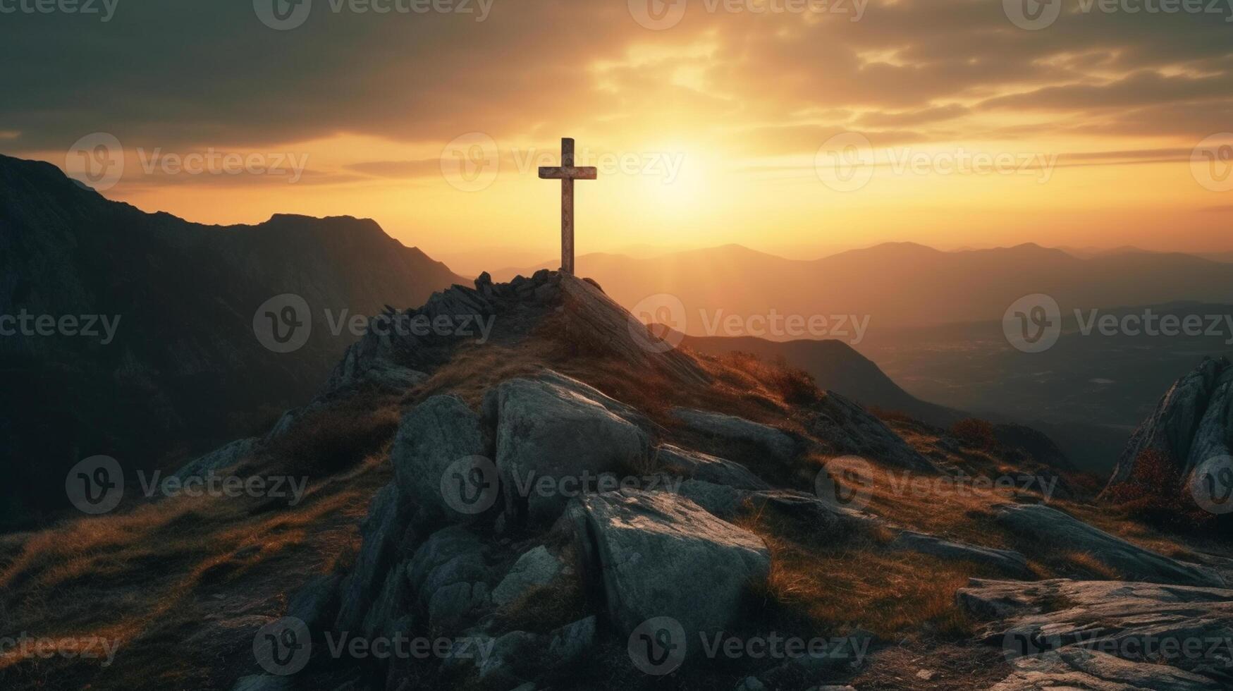 uma de madeira Cruz em a topo do montanha . ai gerado obra de arte foto