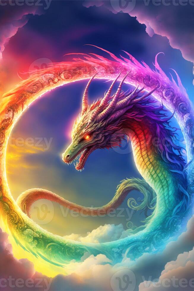 colorida Dragão vôo através uma nublado céu. generativo ai. foto