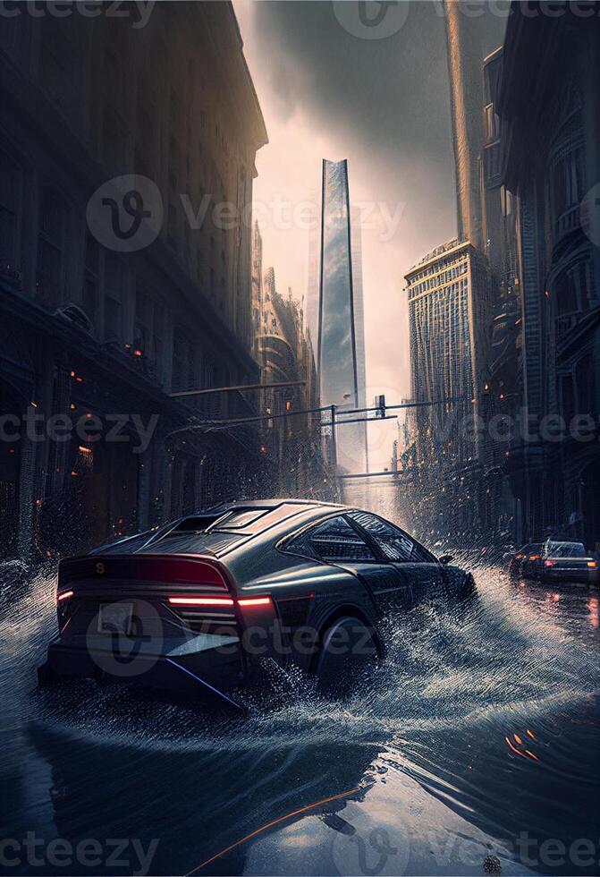 carro dirigindo através uma inundado cidade às noite. generativo ai. foto