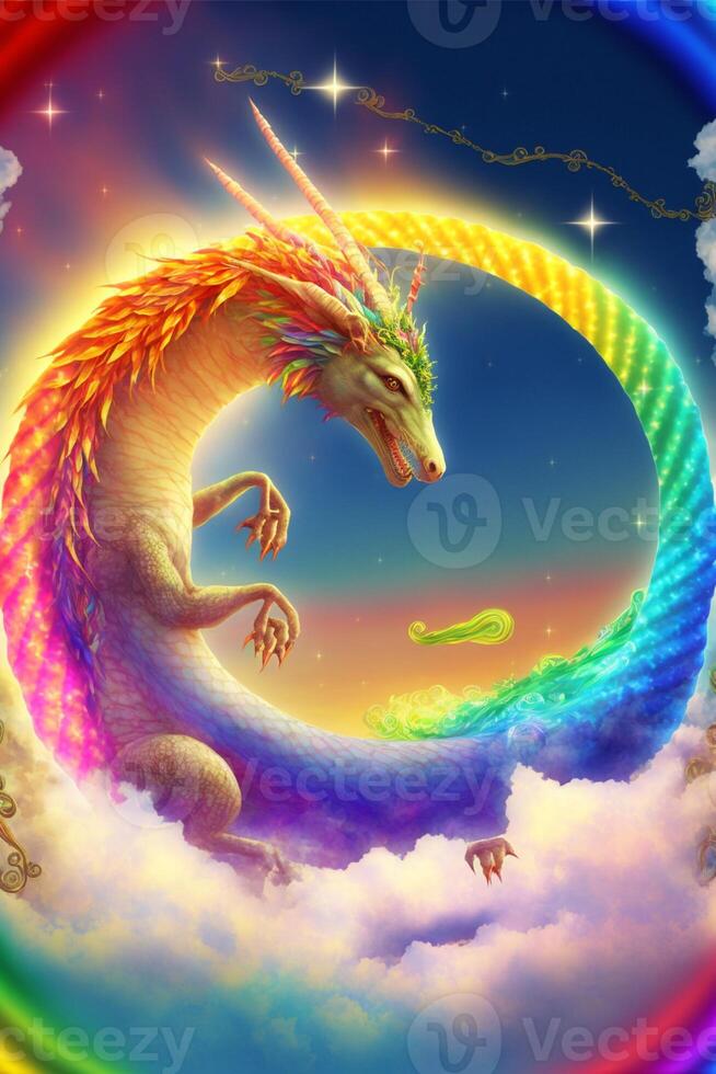 arco Iris colori Dragão vôo através uma nublado céu. generativo ai. foto