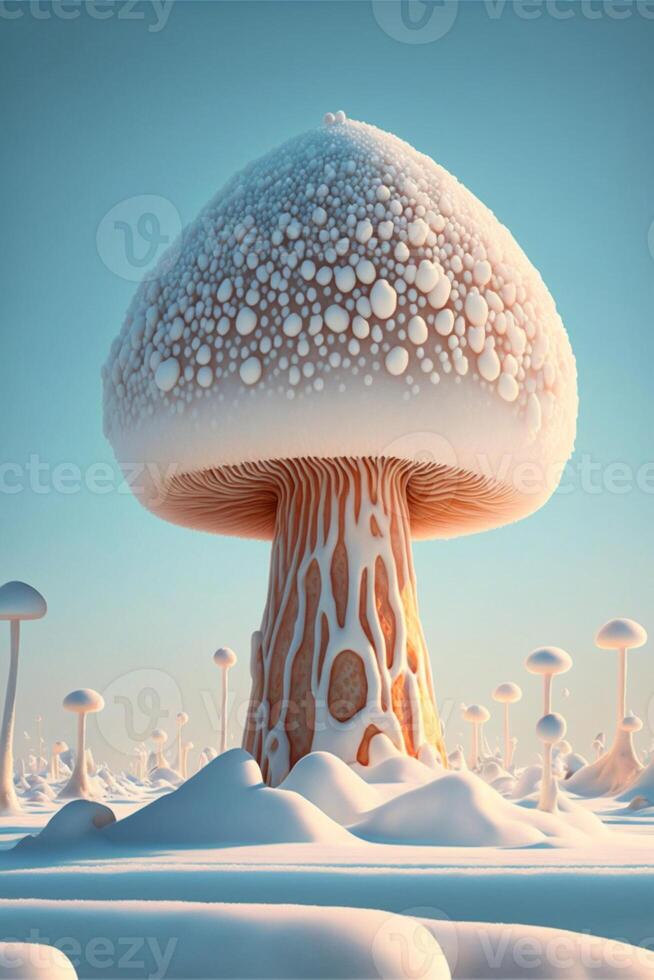 uma enorme branco cogumelo carrinhos alta e Forte. generativo ai. foto