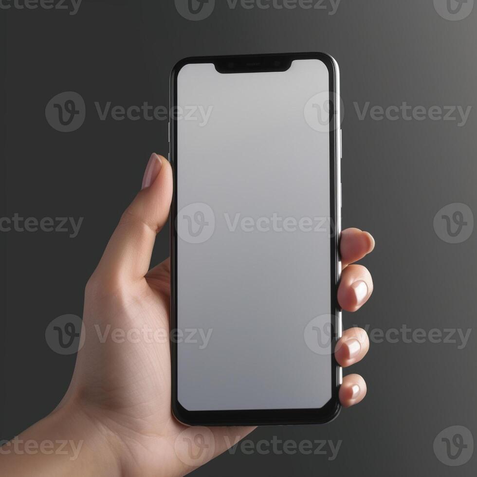 ai generativo mão segurando Smartphone com em branco tela em cinzento fundo. zombar acima , foto