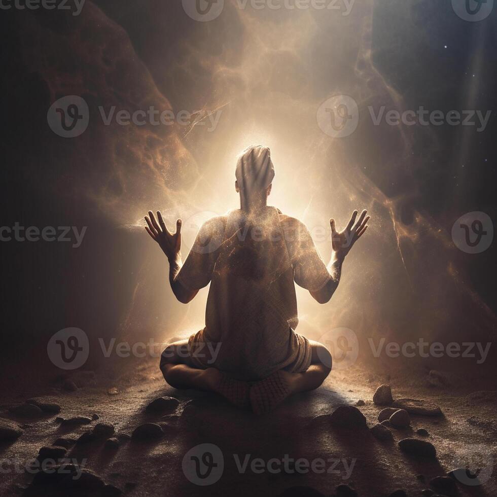 ai generativo uma sozinho homem fazendo orar para Deus, uma espiritual conexão com Deus foto