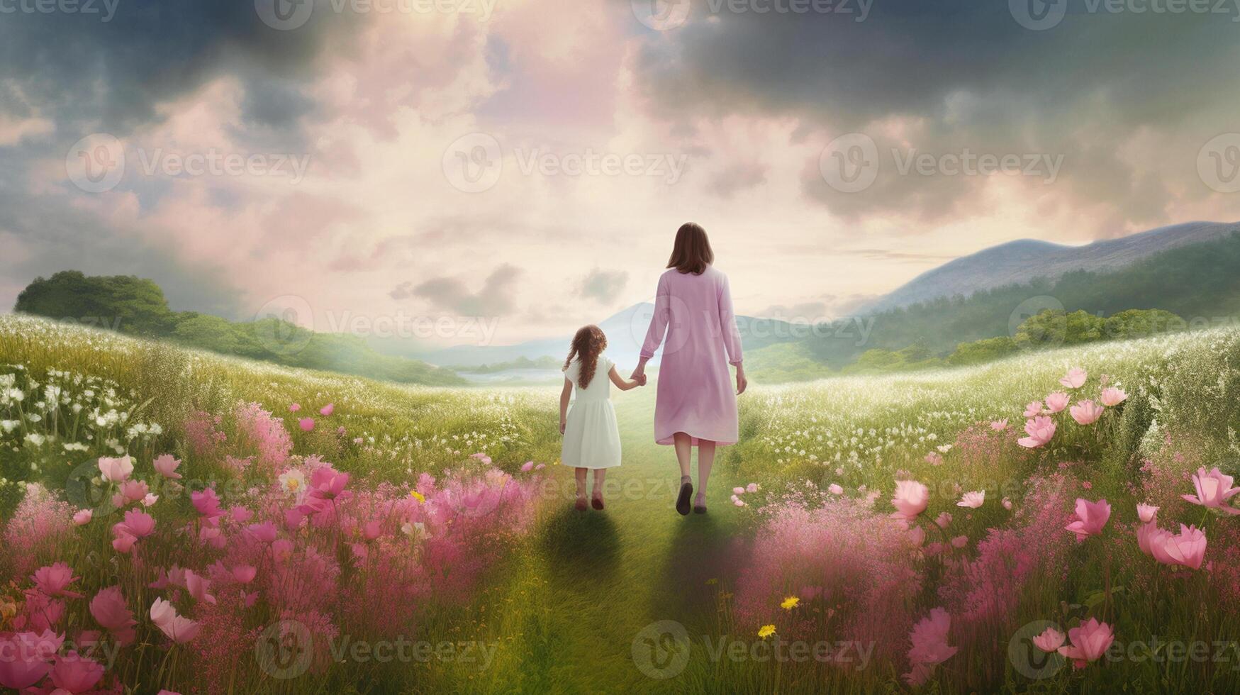 ai generativo uma mãe segurando mão do dela filha dentro flores jardim foto