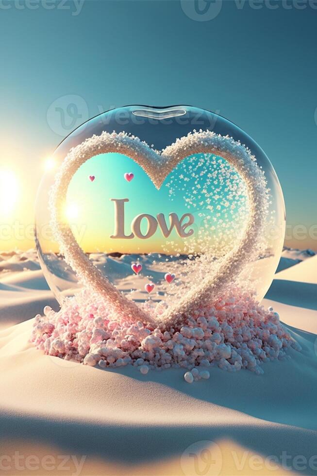 neve globo dentro a forma do uma coração com a palavra amor escrito dentro. generativo ai. foto
