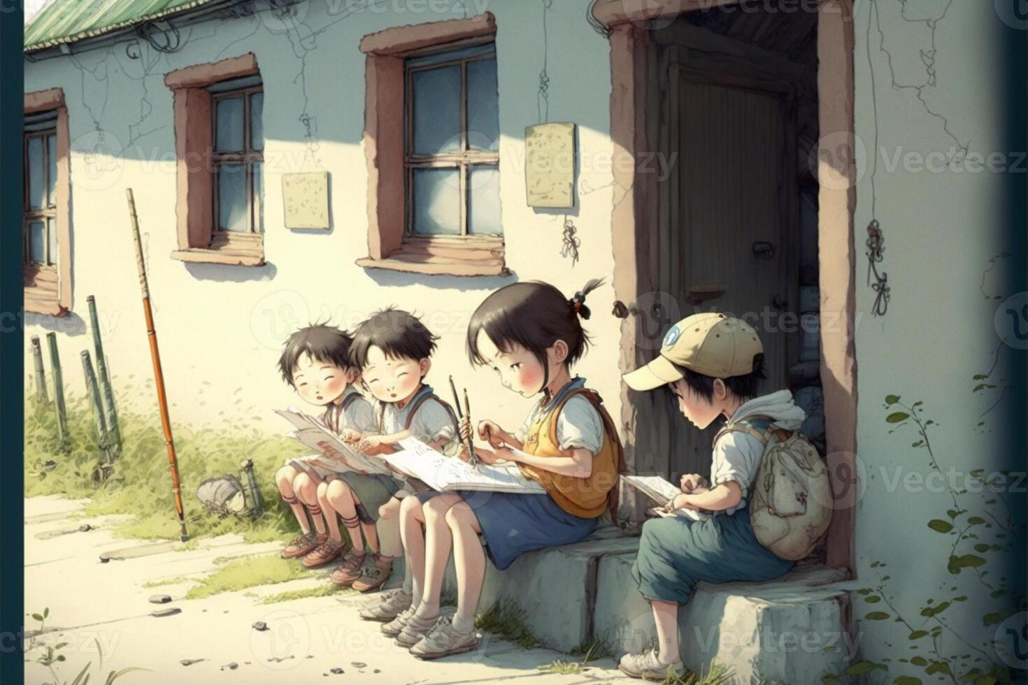 grupo do crianças sentado lado de fora do uma casa. generativo ai. foto