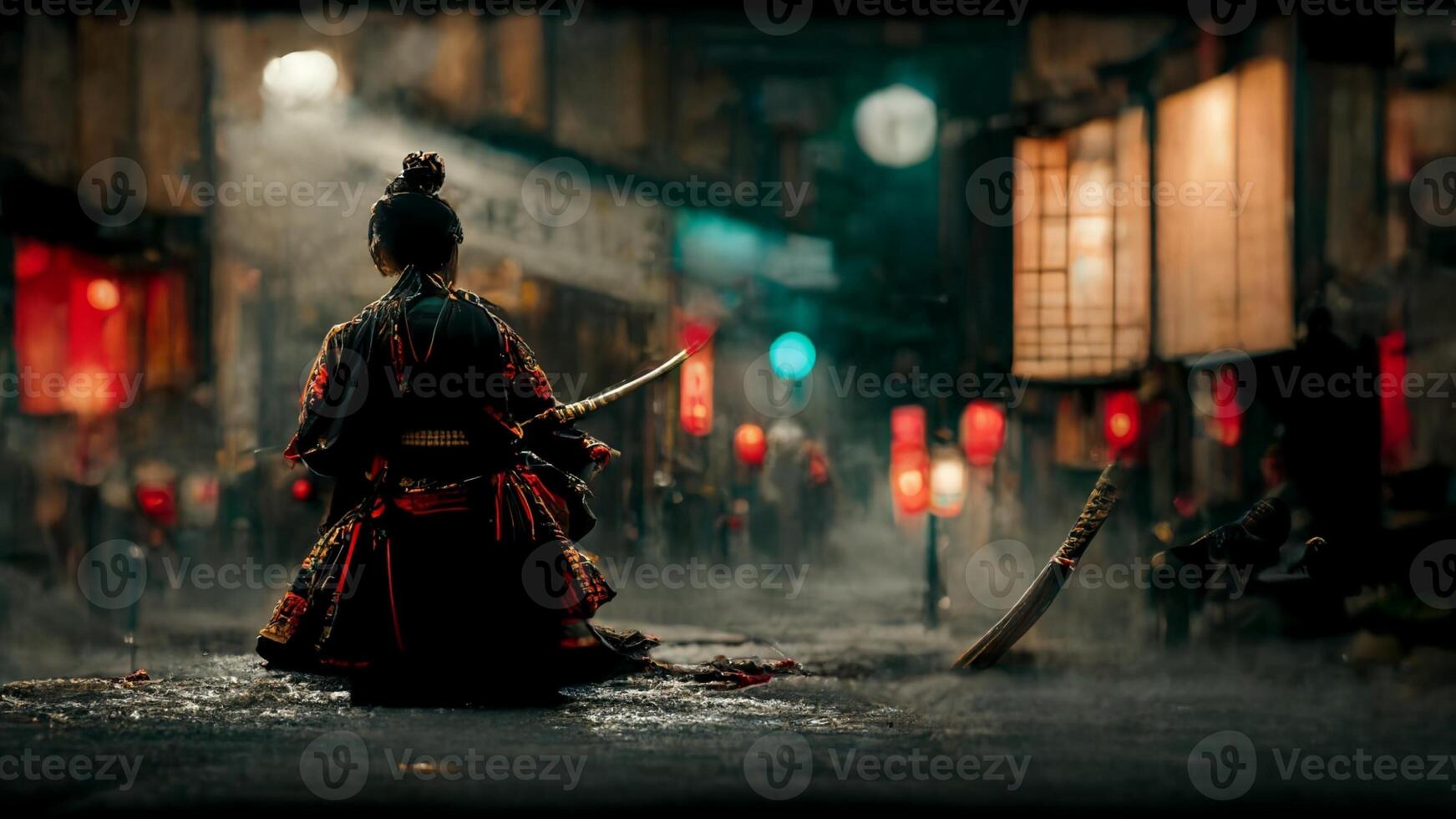 mulher em pé dentro a meio do uma rua segurando uma espada. generativo ai. foto