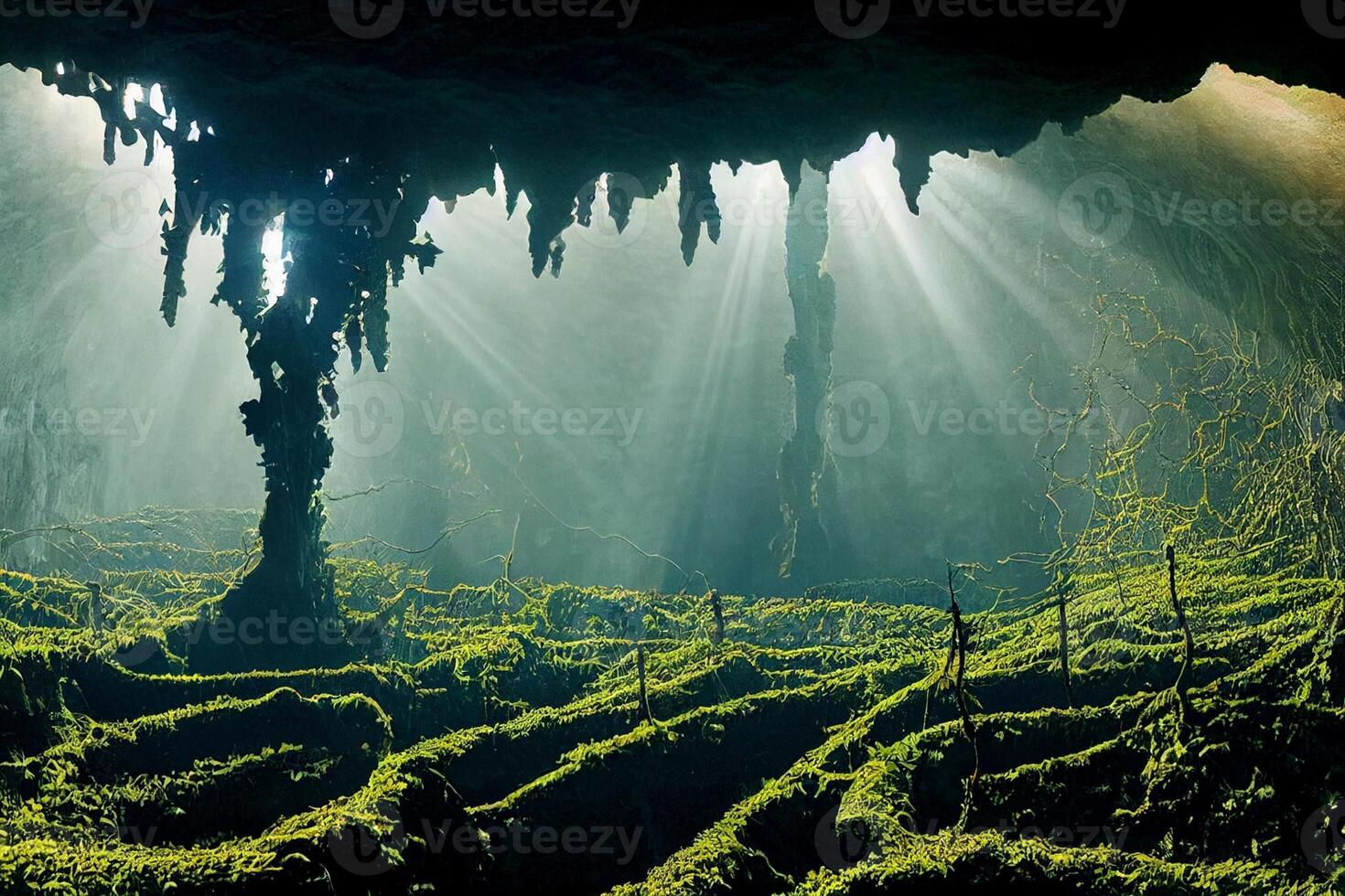 a Sol brilha através a teto do uma caverna. generativo ai. foto