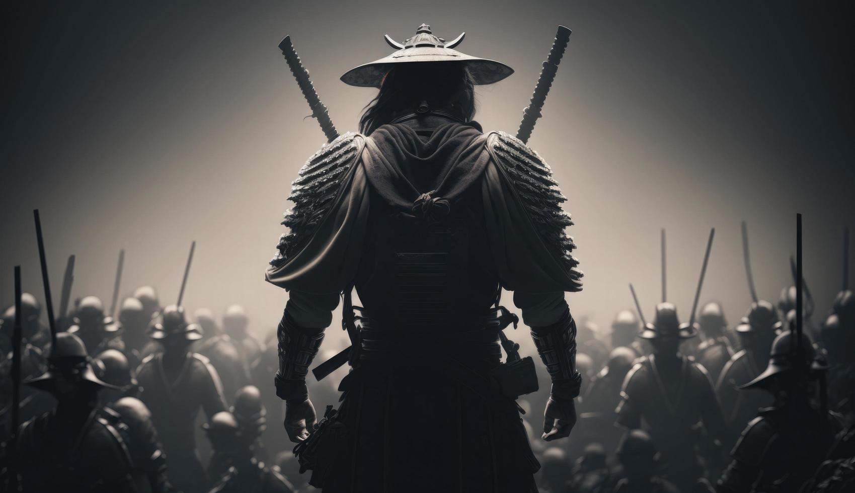 ilustração pintura uma samurai com uma Katana carrinhos pronto para luta contra uma enorme exército. 3d ilustração. 3d ilustração, digital arte estilo, gerar ai foto