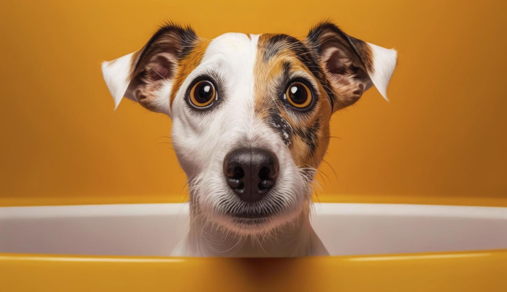 curioso interessado cachorro parece para dentro Câmera dentro banheira, animais de estimação limpeza . jack russell terrier fechar-se retrato em amarelo fundo. engraçado bicho de estimação, gerar ai foto