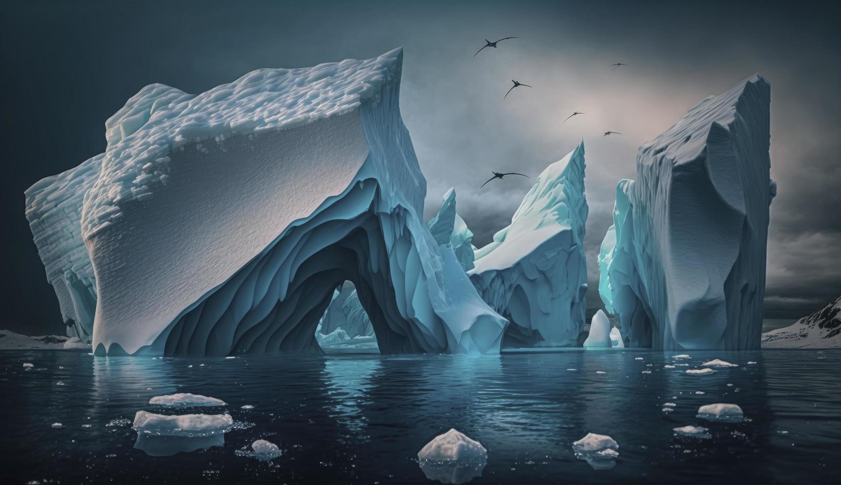 icebergs flutuando dentro a antártico oceano, gerar ai foto