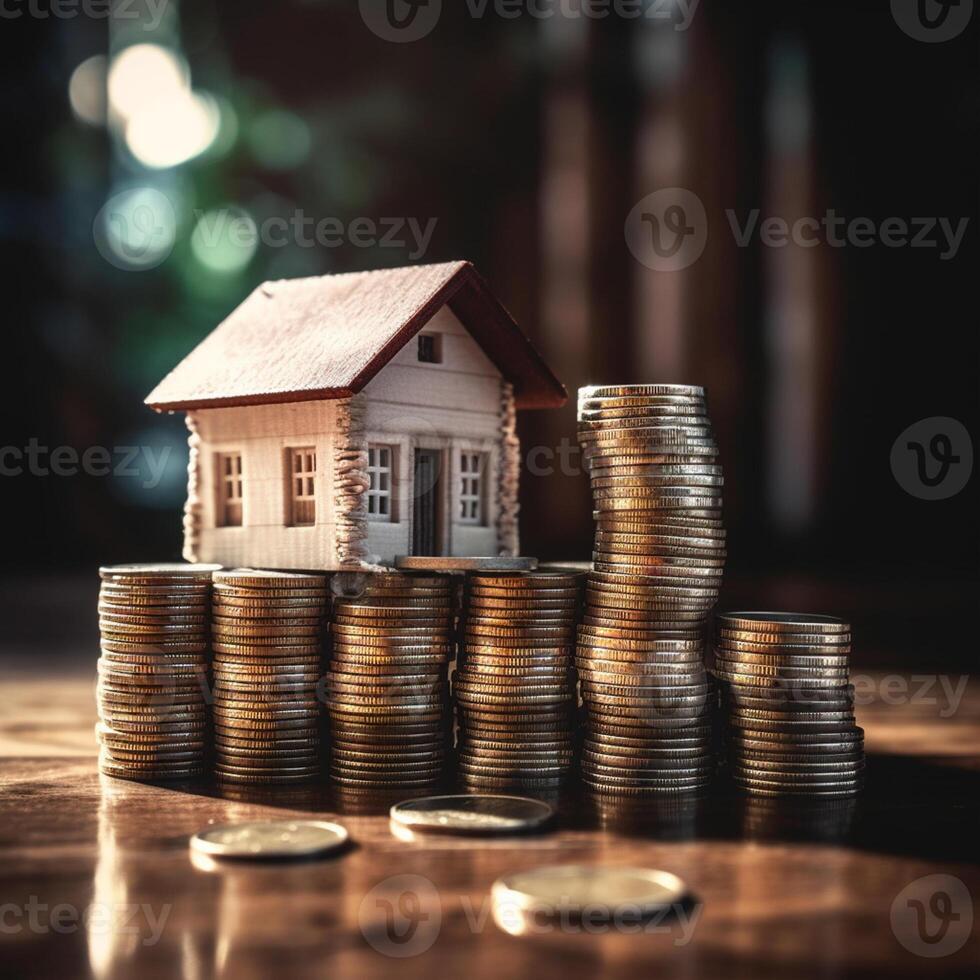 ai generativo casa modelo e moeda pilha em de madeira mesa com bokeh fundo , salvando dinheiro para Comprar uma casa conceito. foto