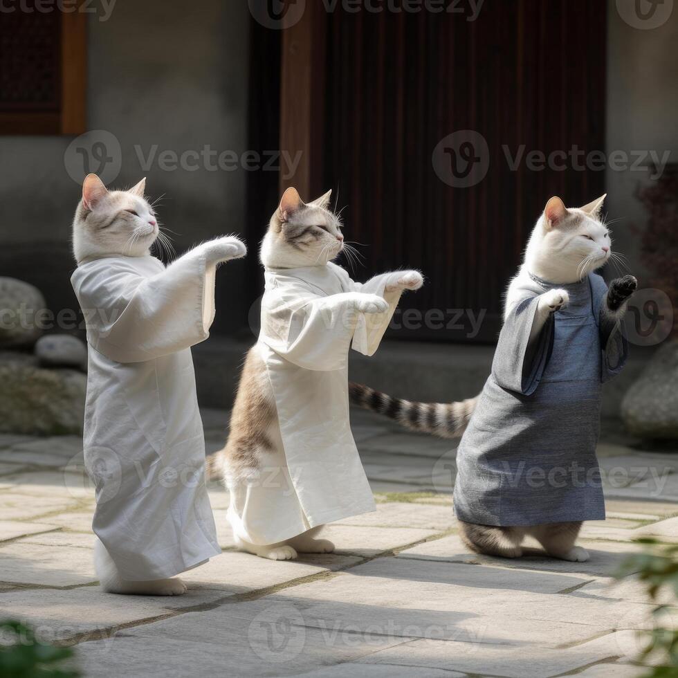 imagem do três gatos vestindo humano túnicas jogando tai chi generativo ai foto