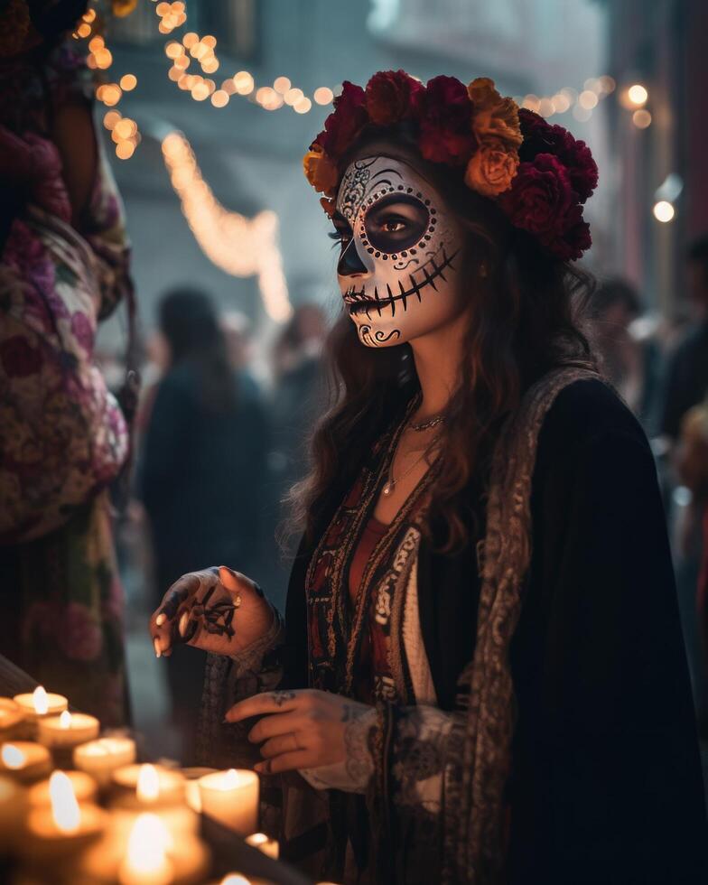 dia do morto celebração dentro a rua usando cinema generativo ai foto