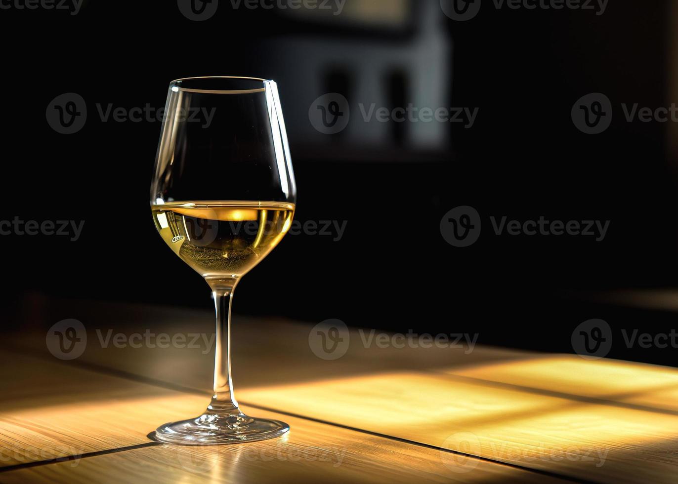 copo de vinho do branco vinho em uma de madeira mesa dentro uma restaurante foto