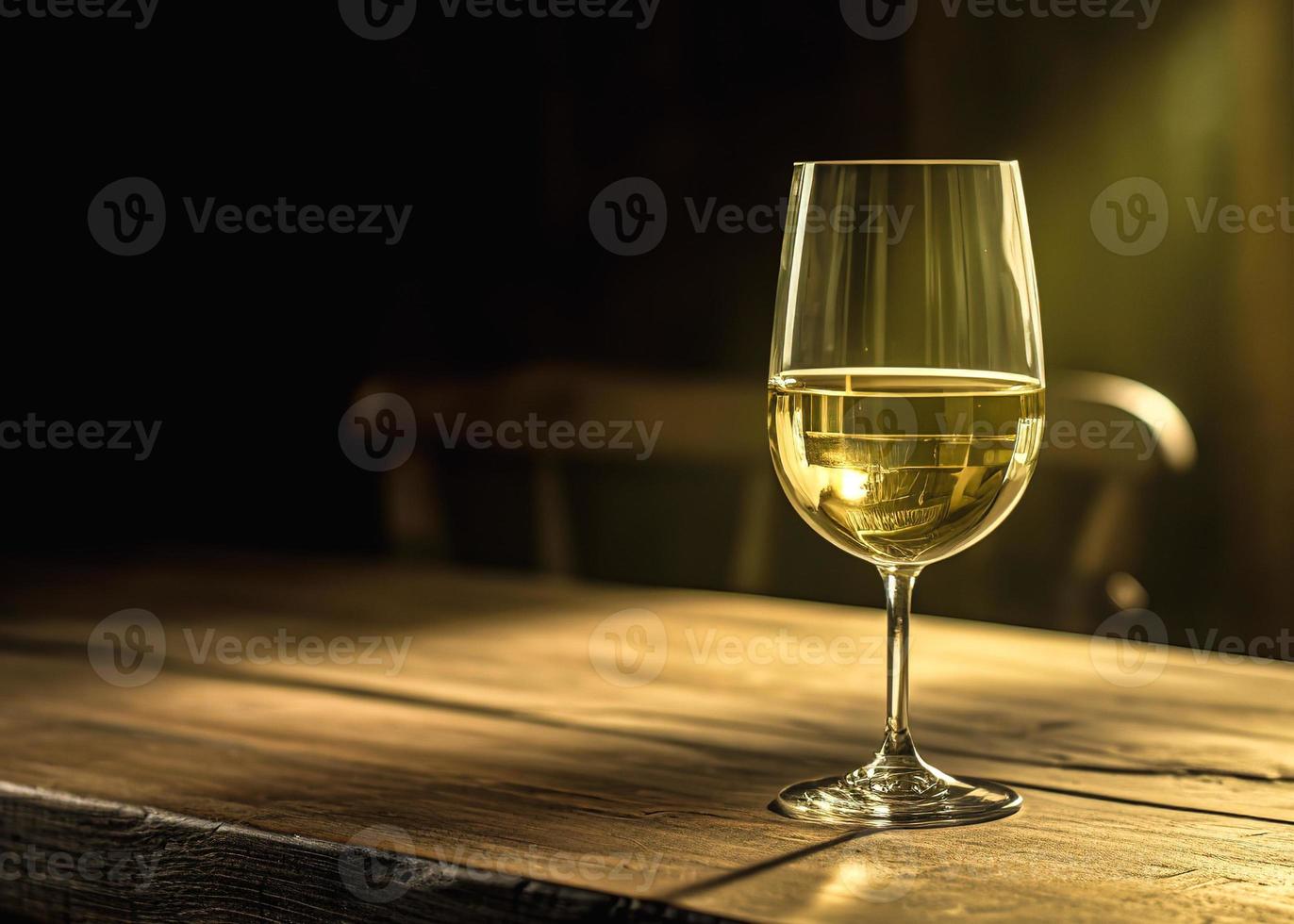 copo de vinho do branco vinho em uma de madeira mesa dentro uma restaurante foto