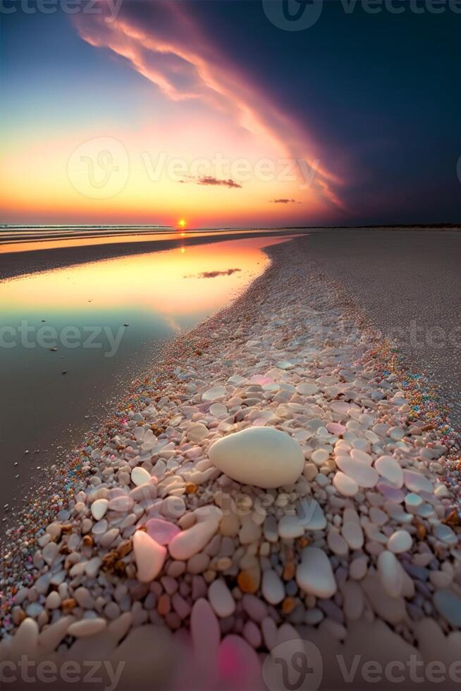 de praia preenchidas com grande quantidade do pedras Próximo para uma corpo do água. generativo ai. foto
