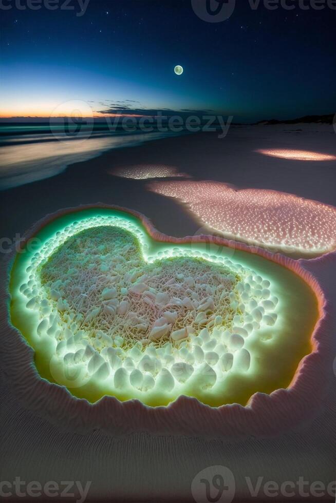 casal do coração em forma pedras sentado em topo do uma arenoso de praia. generativo ai foto