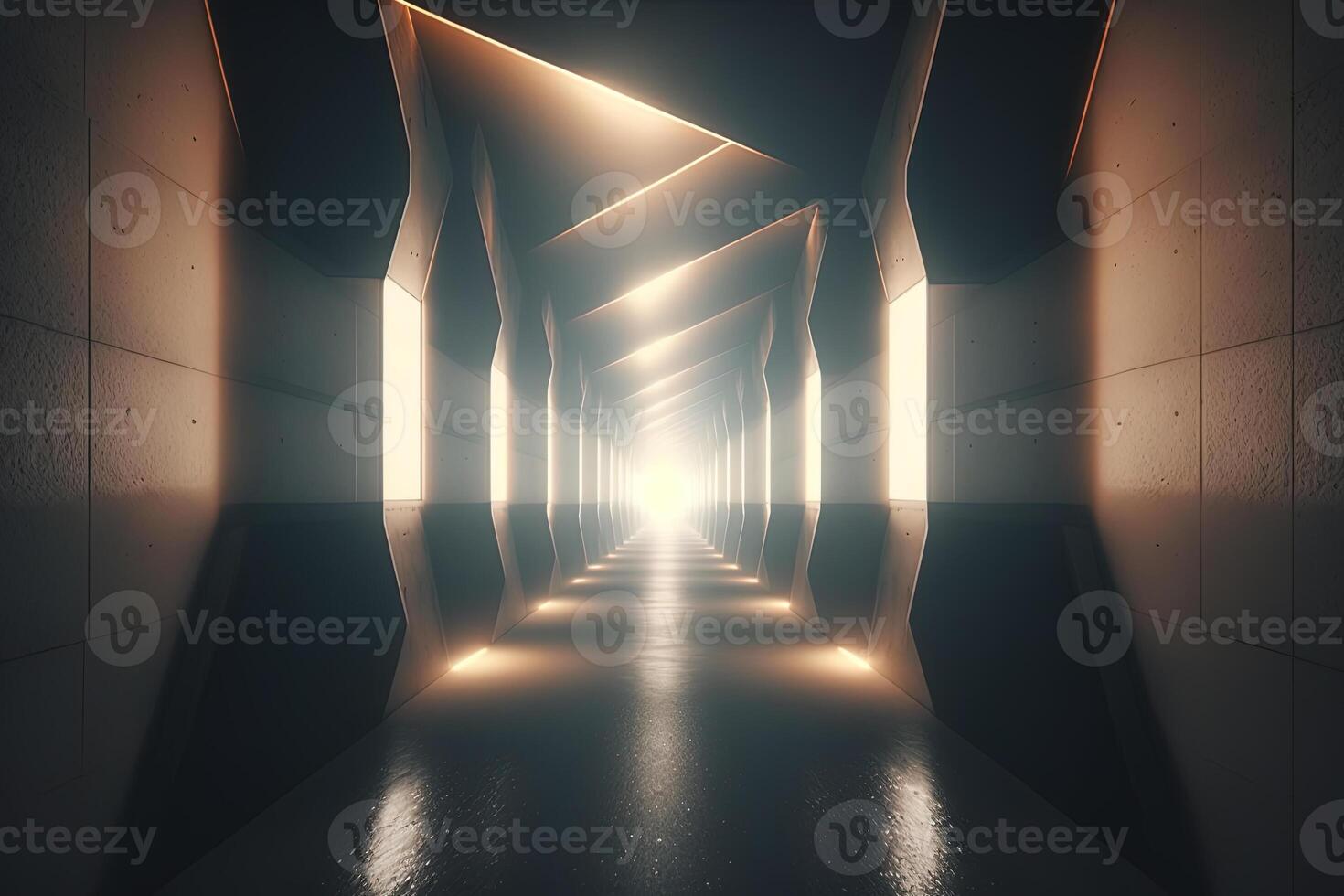 abstrato túnel corredor com raios do luz brilhando através. ai gerado foto