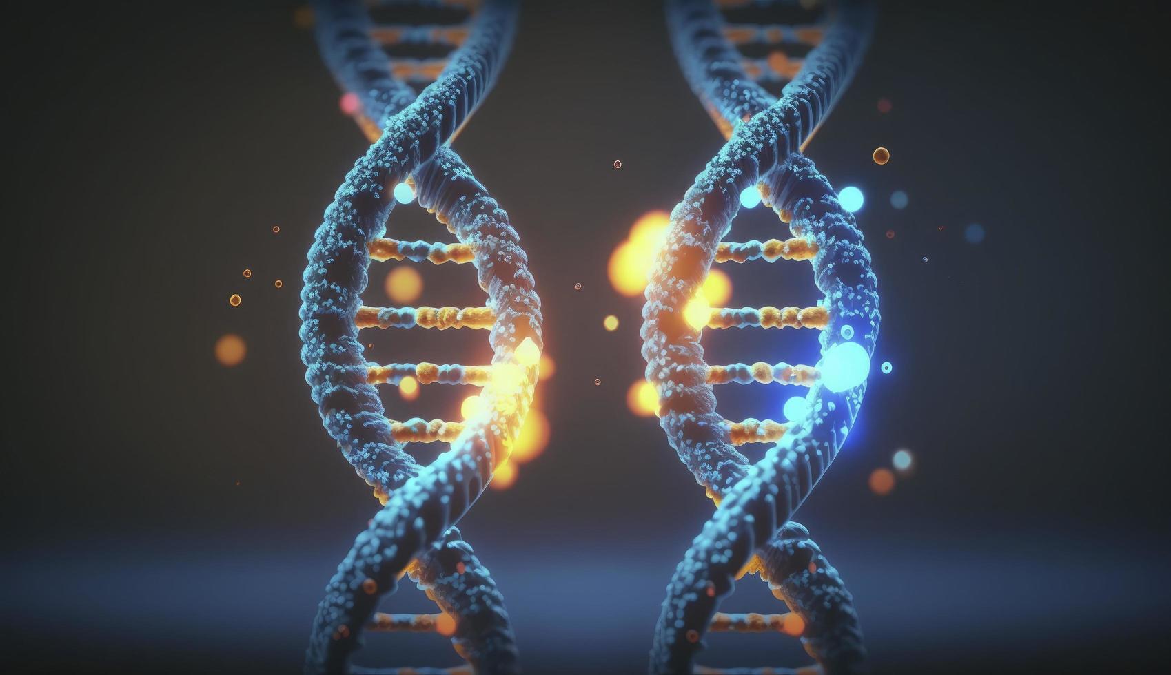 azul cromossoma dna e gradualmente brilhando cintilação luz importam químico quando Câmera comovente fechar-se. médico e hereditariedade genético saúde conceito. tecnologia Ciência. 3d Renderização, gerar ai foto