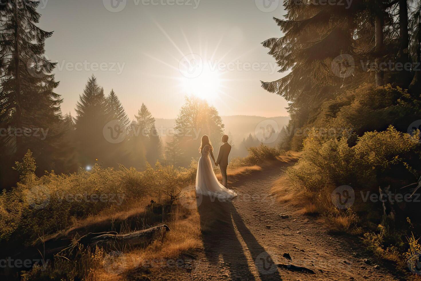 Casamento silhueta casal posando em pôr do sol dentro lindo floresta às Casamento dia. noiva e noivo dentro amar. inexistente pessoa. generativo ai. foto