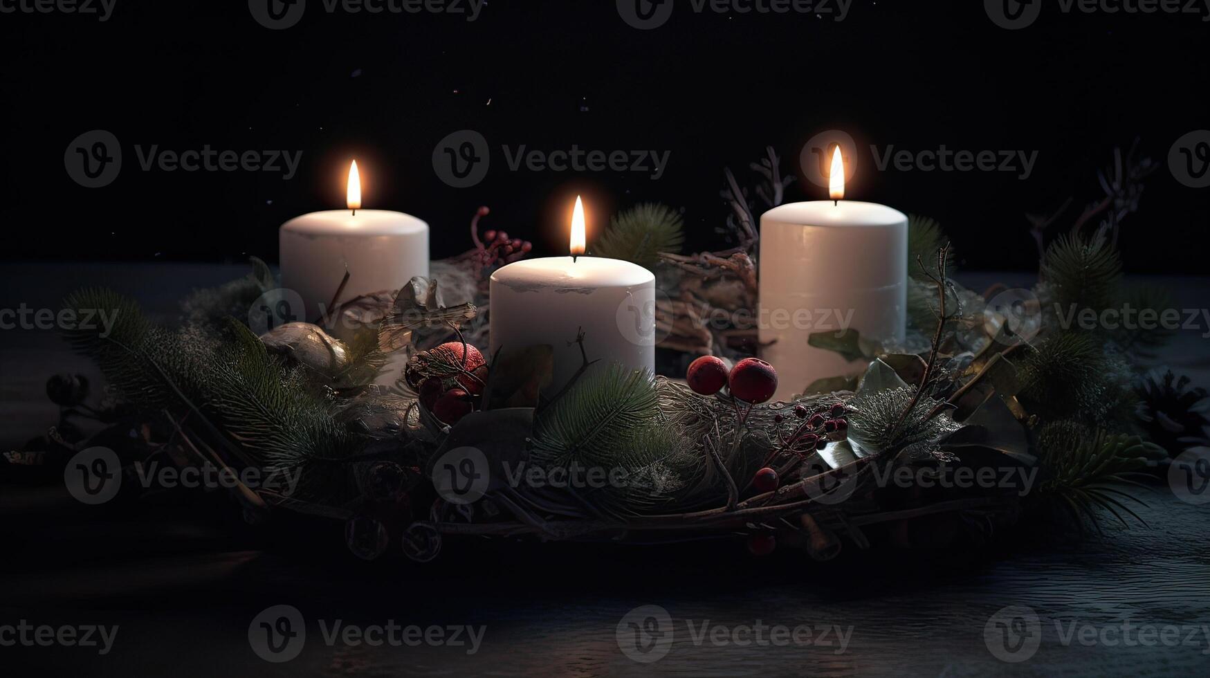 terceiro advento - decorado advento guirlanda a partir de sempre-verde galhos com branco queimando velas, tradição dentro a Tempo antes Natal, cópia de espaço, selecionado foco. generativo ai. foto