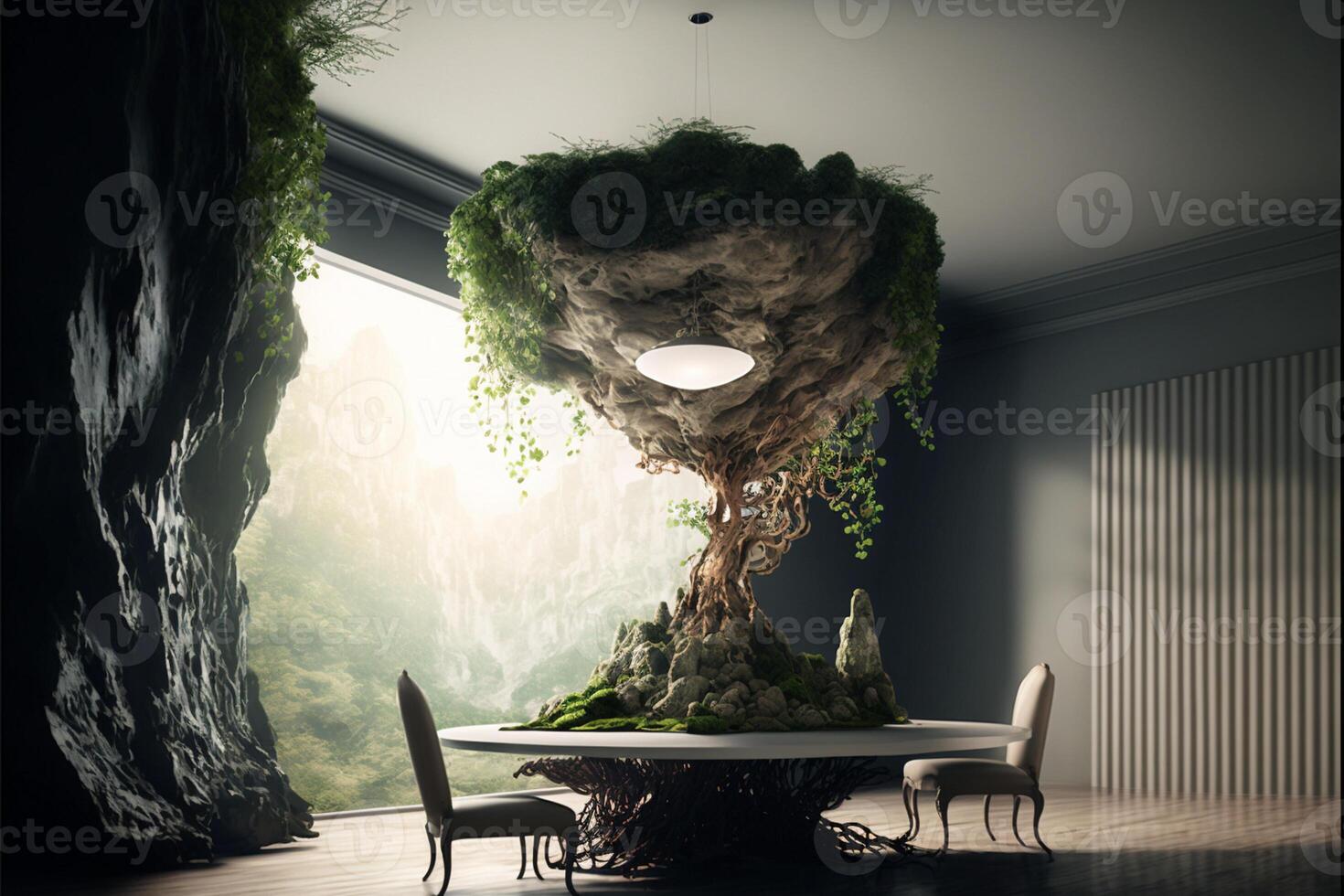 árvore sentado em topo do uma mesa dentro uma sala. generativo ai. foto