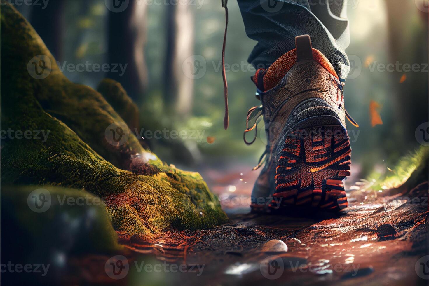 pessoa caminhando em uma trilha dentro a madeiras. generativo ai. foto