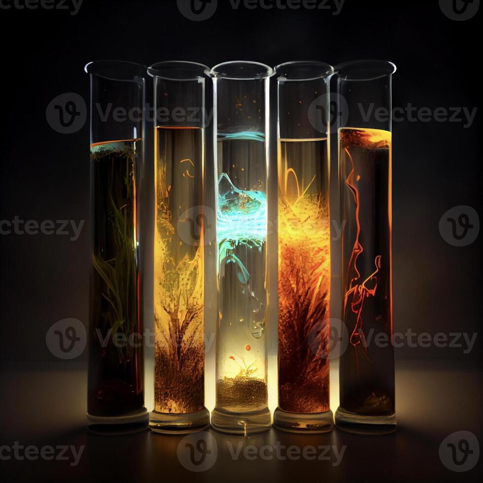 grupo do quatro vidro vasos preenchidas com líquido. generativo ai. foto