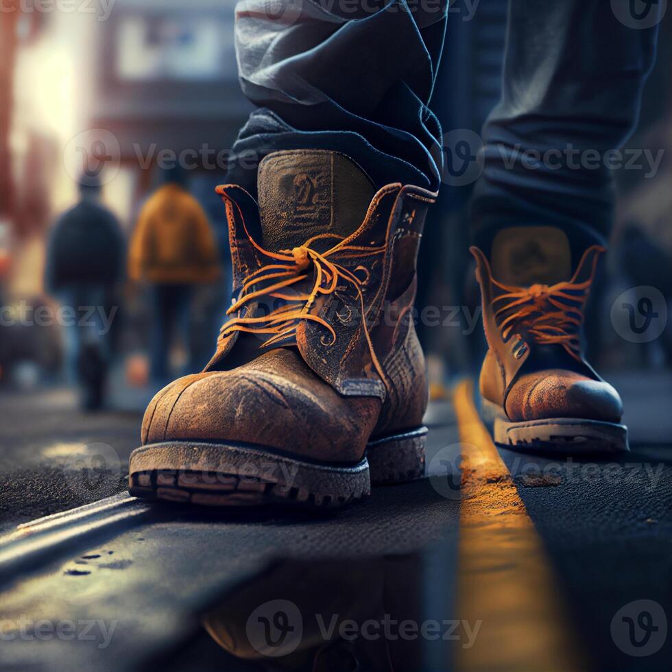 fechar acima do uma pessoas sapatos em uma rua. generativo ai. foto