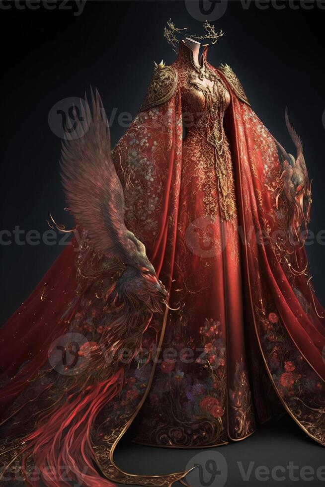 mulher dentro uma vermelho vestir em pé Próximo para uma pássaro. generativo ai. foto