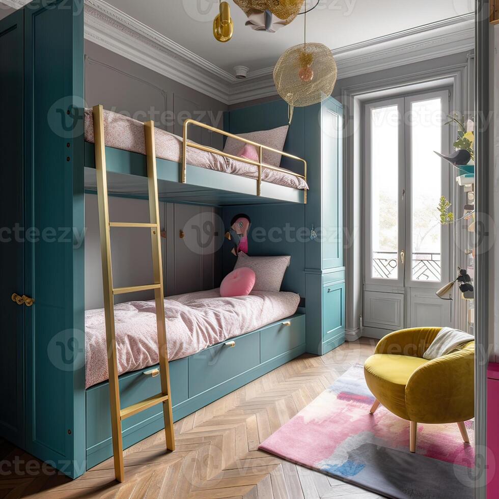 crianças quarto interior com confortável cama. generativo ai. foto