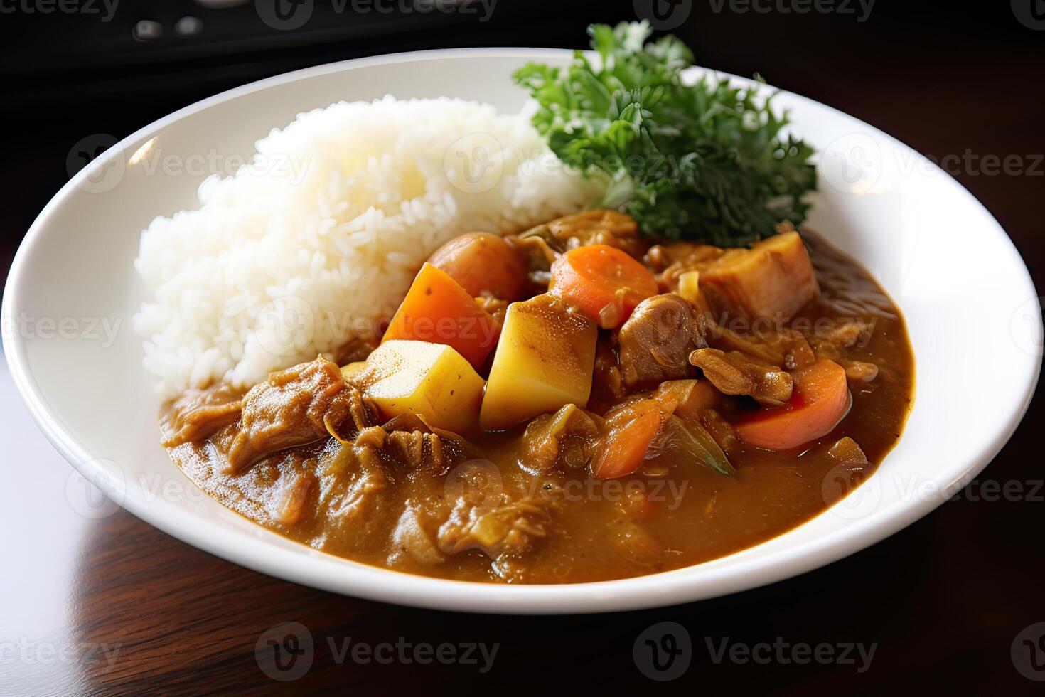 japonês comum Curry arroz batatas, cenouras, cebolas e carne dentro picante amarelo Curry servido com cozido no vapor arroz. generativo ai foto