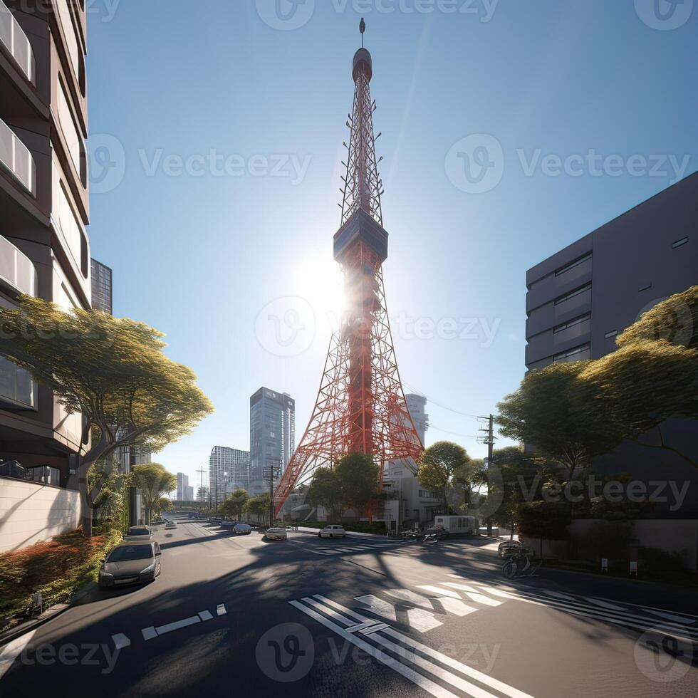 Tóquio torre dentro fechar acima Visão com Claro azul céu, famoso ponto de referência do Tóquio, Japão. generativo ai. foto