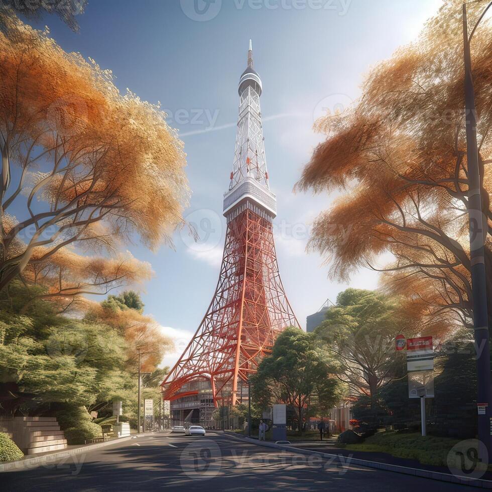 Tóquio torre dentro fechar acima Visão com Claro azul céu, famoso ponto de referência do Tóquio, Japão. generativo ai. foto