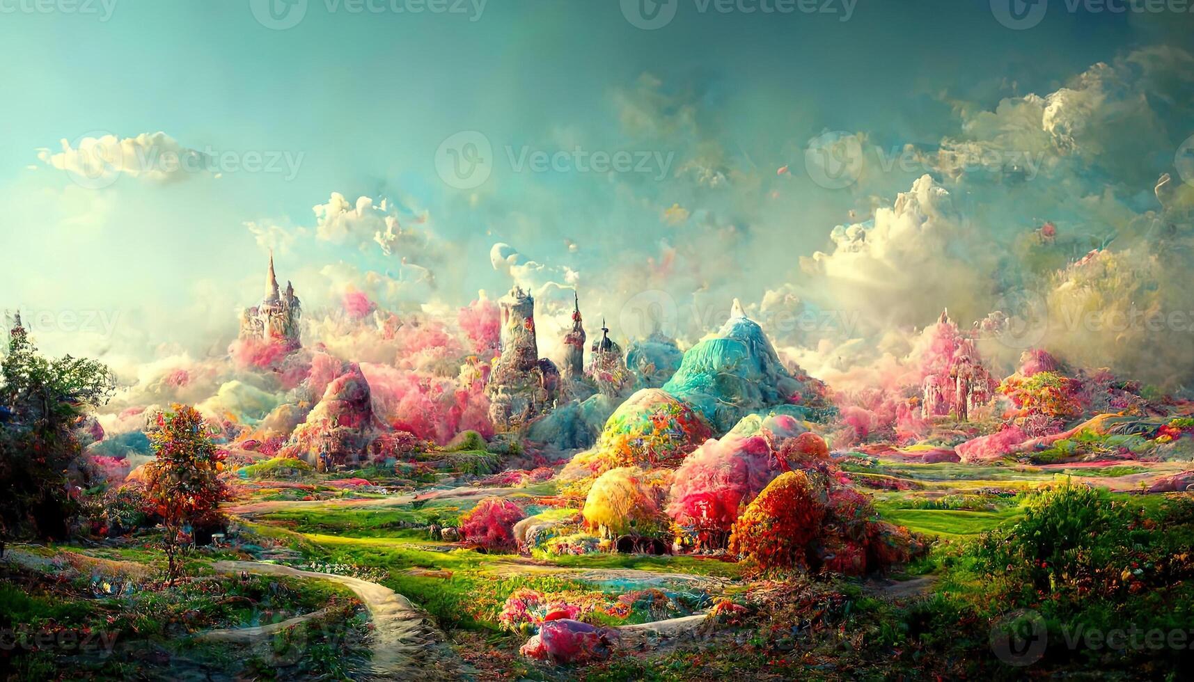 excepcional 3d Renderização do uma colorida fantasia paisagem, detalhado, colori. generativo ai foto