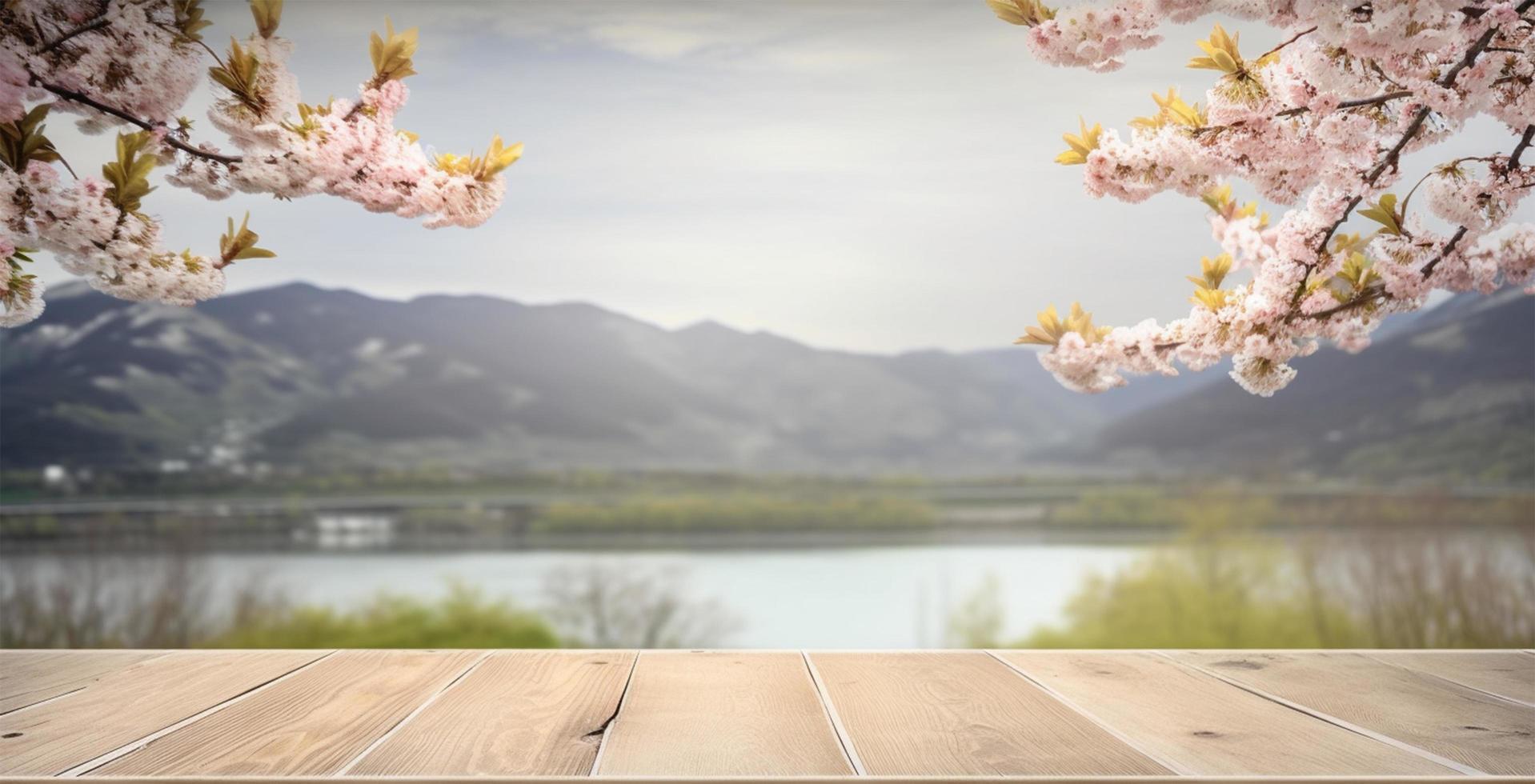 esvaziar de madeira mesa com Primavera cereja Flor decoração. borrado bokeh montanha e lago Visão fundo. cópia de espaço. para produtos mostrar. modelos, meios de comunicação, impressão, etc., gerar ai foto