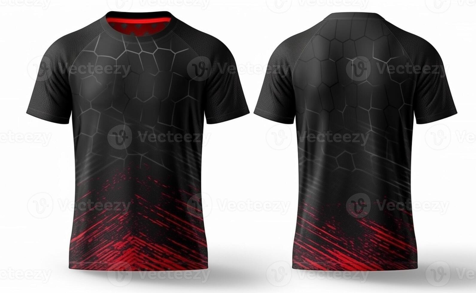 Preto esporte camisa brincar com vermelho abstrato padrão, frente e costas visualizar, generativo ai foto