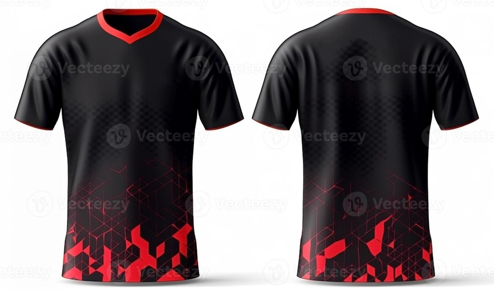 Preto esporte camisa brincar com vermelho abstrato padrão, frente e costas visualizar, generativo ai foto