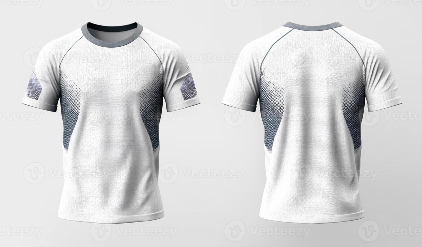 branco esporte camisa brincar com cinzento abstrato padrão, frente e costas visualizar, generativo uma foto