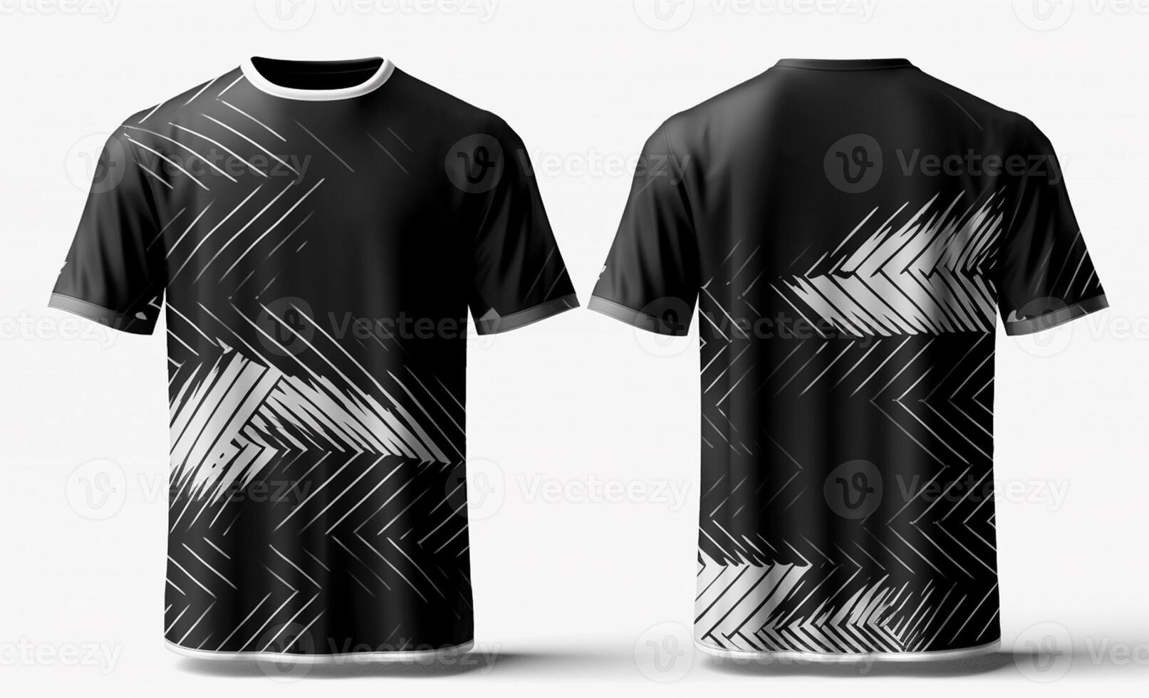 Preto esporte camisa brincar com branco abstrato padrão, frente e costas visualizar, generativo ai foto