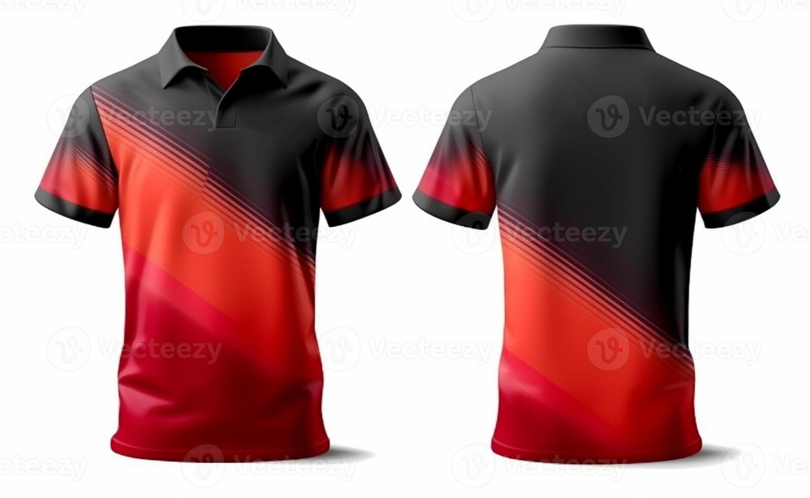 esporte camisa brincar com Preto e vermelho padrão, frente e costas visualizar, generativo ai foto