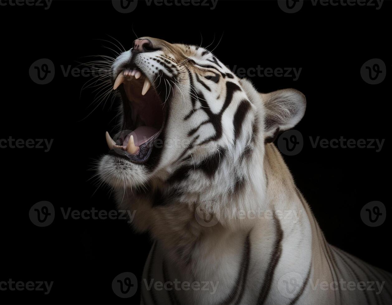detalhado retrato do uma rugindo branco tigre face, isolado em Preto fundo. generativo ai foto